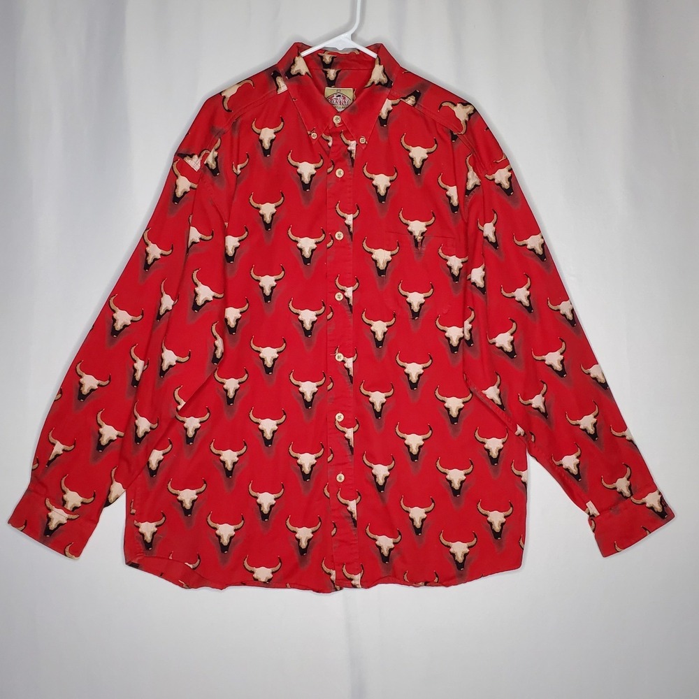 Barn Fly Western Button Shirt Mens Large Red Bull‎ Skull Cow AOP Print Cowboy